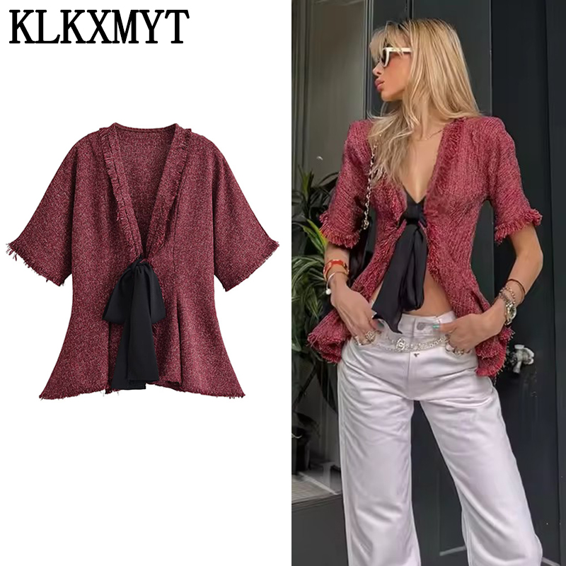 Tassel Fringe Trim - KLKXMYT Blusa Feminina Elegante com Cadarço,